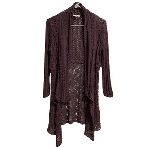 Cabi Crochet Open Front Waterfall Cardigan‎ Sweater Purple